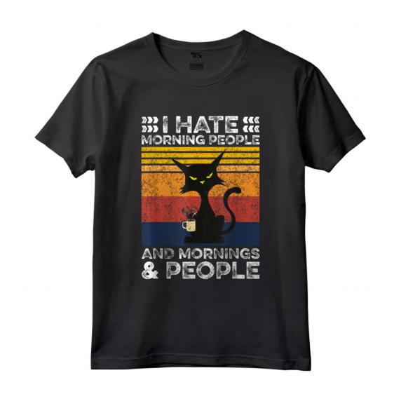 Gatto Nero - I Hate Morning People And Mornings And People Maglietta con Stile Retro Vintage - Ideale come Regalo Divertente per Amanti dei Gatti e del Caffè
