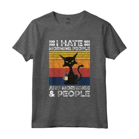 Gatto Nero - I Hate Morning People And Mornings And People Maglietta con Stile Retro Vintage - Ideale come Regalo Divertente per Amanti dei Gatti e del Caffè