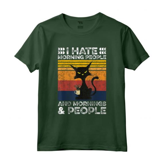 Gatto Nero - I Hate Morning People And Mornings And People Maglietta con Stile Retro Vintage - Ideale come Regalo Divertente per Amanti dei Gatti e del Caffè
