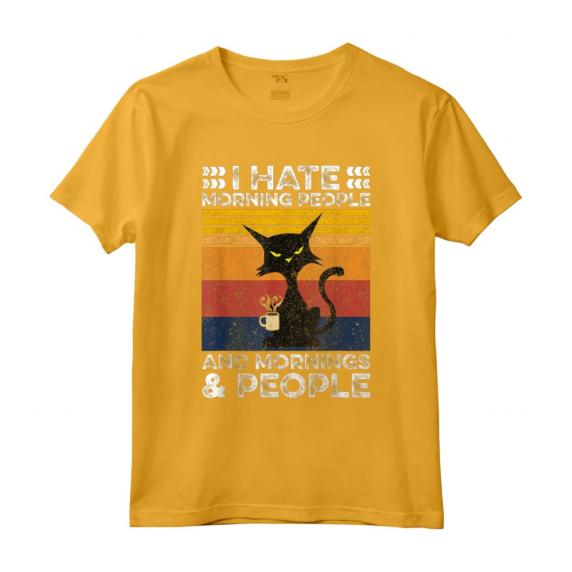 Gatto Nero - I Hate Morning People And Mornings And People Maglietta con Stile Retro Vintage - Ideale come Regalo Divertente per Amanti dei Gatti e del Caffè