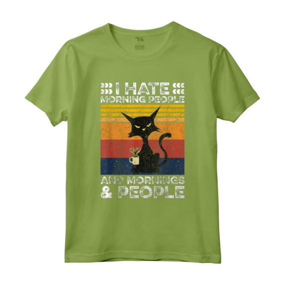 Gatto Nero - I Hate Morning People And Mornings And People Maglietta con Stile Retro Vintage - Ideale come Regalo Divertente per Amanti dei Gatti e del Caffè