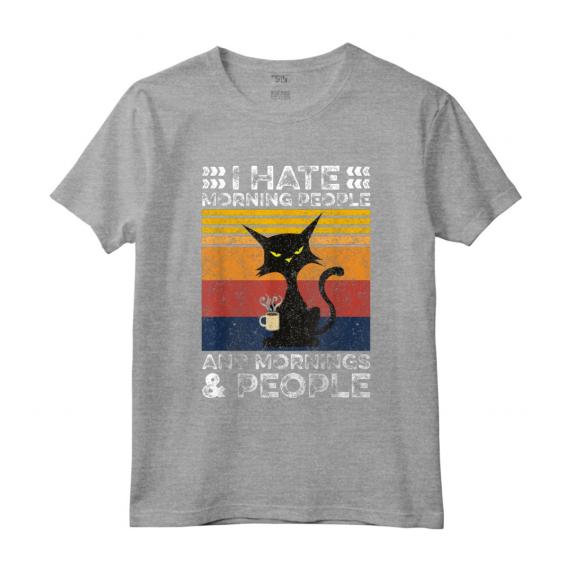 Gatto Nero - I Hate Morning People And Mornings And People Maglietta con Stile Retro Vintage - Ideale come Regalo Divertente per Amanti dei Gatti e del Caffè