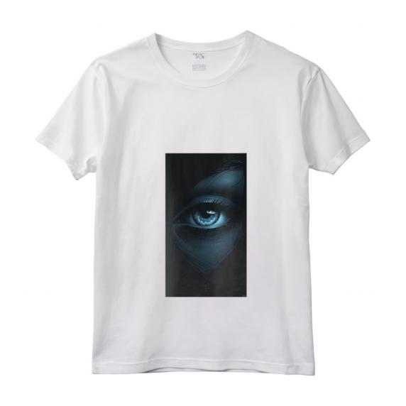 Donna Minimalista Ojo gráfico Ojo azul - Maglietta con Collo a V - Design Artistico e Taglio Classico