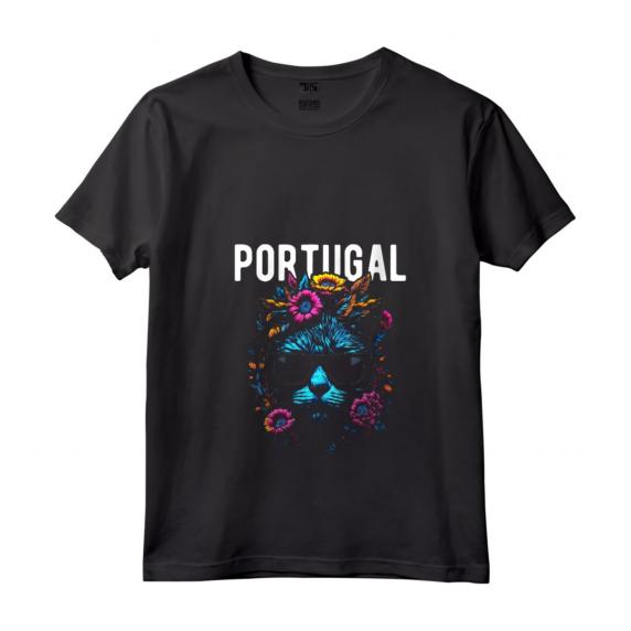Donna Portogallo Gatto con Occhiali da Sole e Fiori Design Maglietta Collo a V - Souvenir Colorato per Viaggiatori e Amanti del Portogallo - Perfetto per Regali o Ricordi di Viaggio