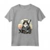 Donna Gatto Ninja Giapponese Kawaii Ragamuffin Samurai - Maglietta con Collo a V - Design Unico e Creativo per Amanti dei Gatti